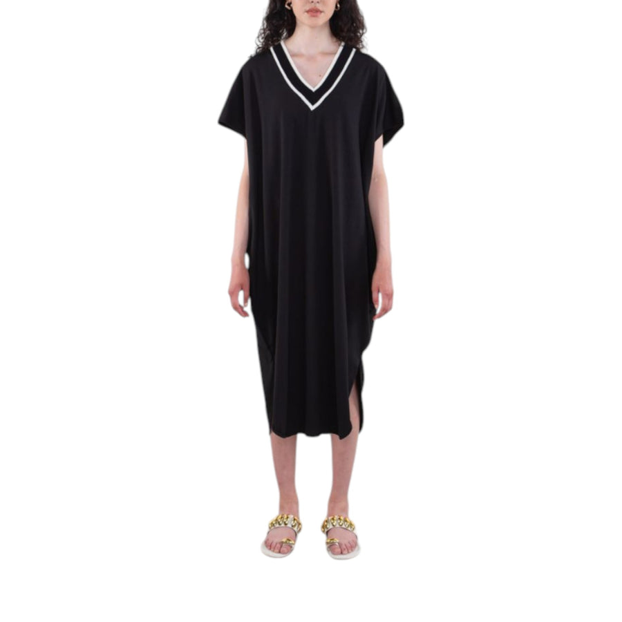 Abito donna midi oversize con scollo con bordo in maglia