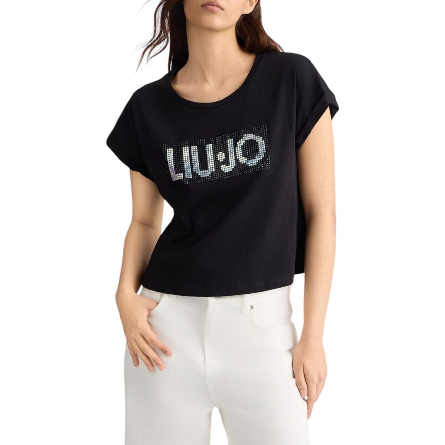 T-shirt donna con logo e strass