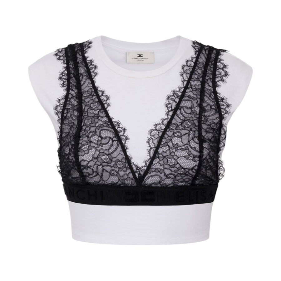 T-shirt donna in jersey con bralette in pizzo