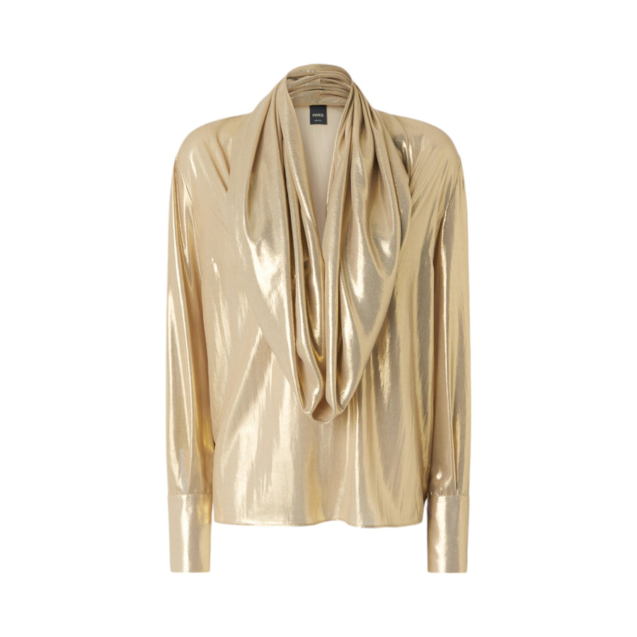 Blusa donna metallizzata dorata con collo ampio