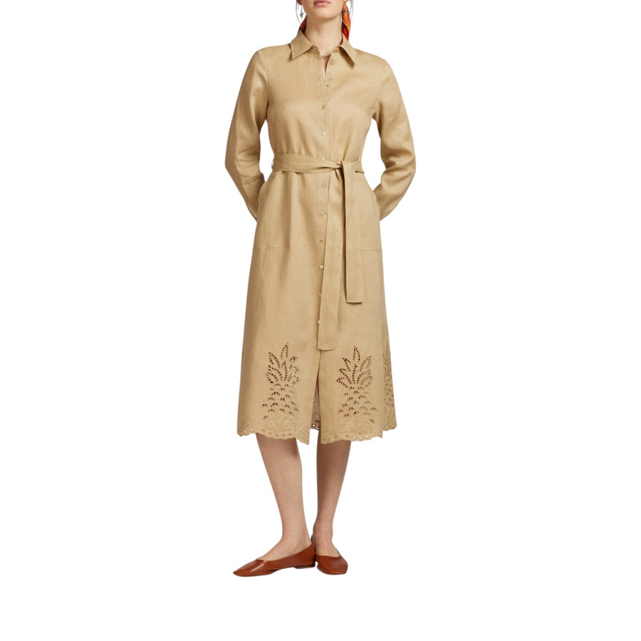 Abito donna in lino con ricamo al fondo