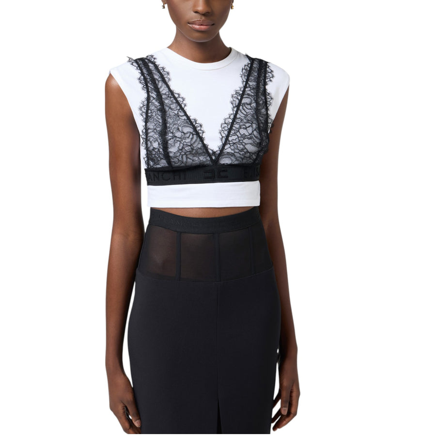 T-shirt donna in jersey con bralette in pizzo
