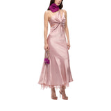 Abito donna lungo in satin con drappeggio e pizzo