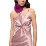 Abito donna lungo in satin con drappeggio e pizzo