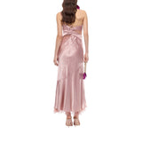 Abito donna lungo in satin con drappeggio e pizzo