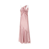 Abito donna lungo in satin con drappeggio e pizzo