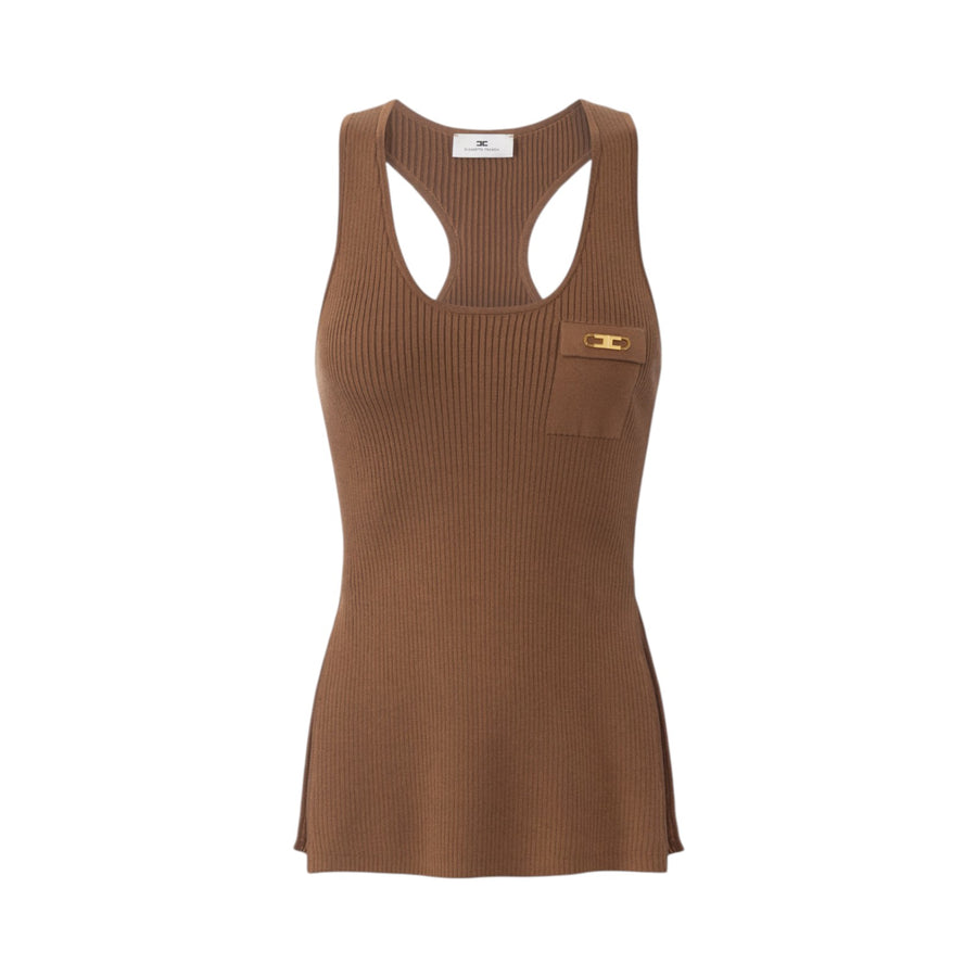 Top donna in maglia a costine con taschino