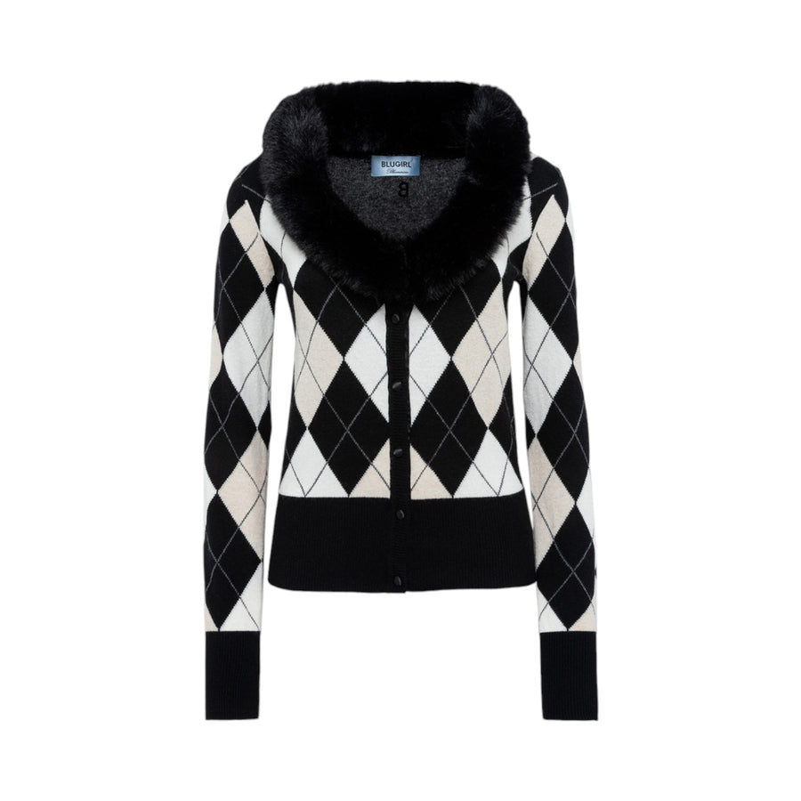 Cardigan donna a rombi con collo in faux fur