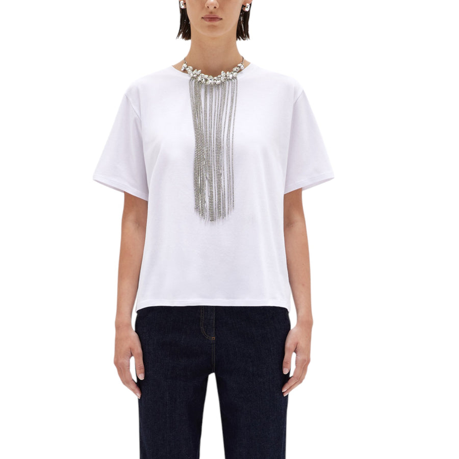 T-shirt donna in cotone con collana di cristalli