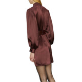 Abito donna in raso di acetato con cintura in ecopelle ricamata