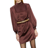 Abito donna in raso di acetato con cintura in ecopelle ricamata