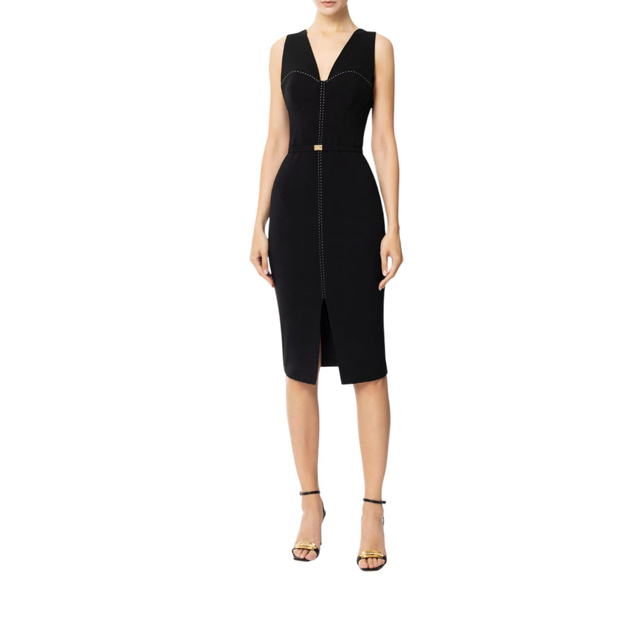 Abito donna bustier in crêpe con impunture a contrasto