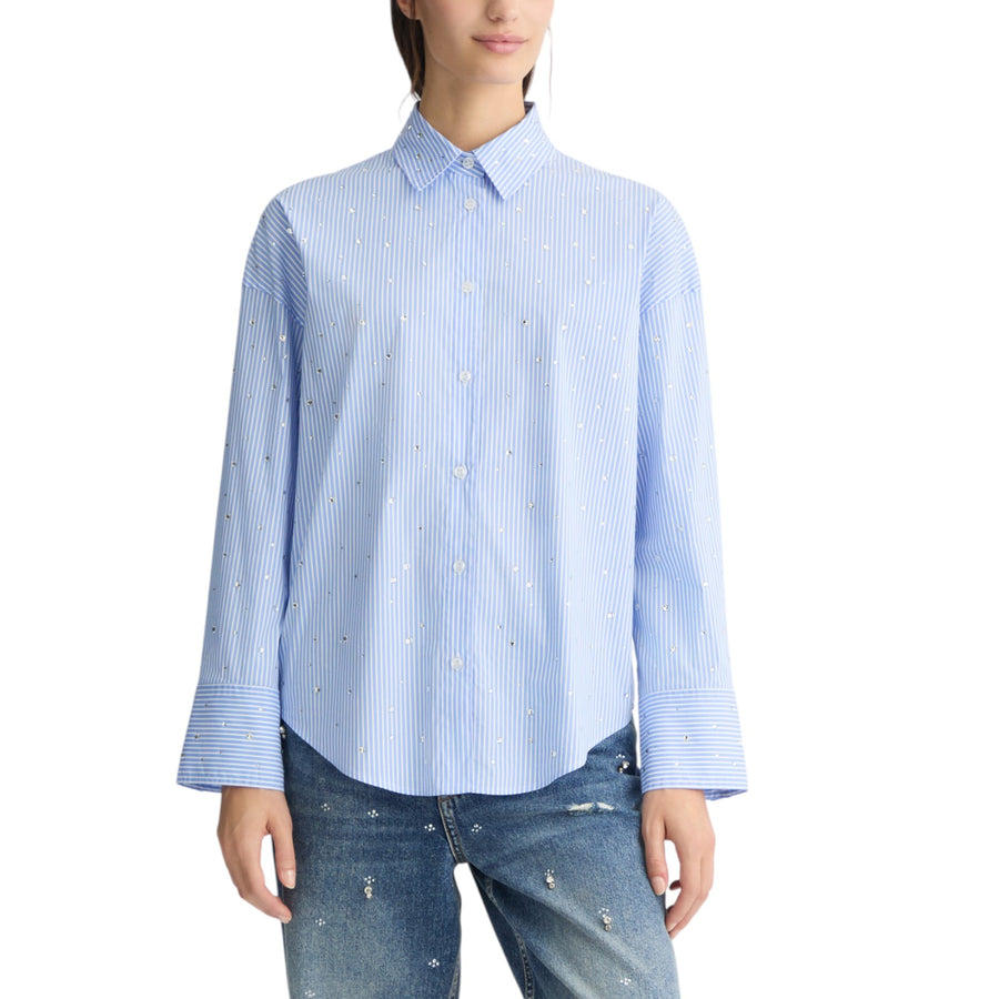 Camicia donna azzurra in popeline con strass