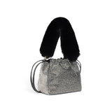 Borsa donna secchiello a spalla full strass con tracolla effetto pelliccia