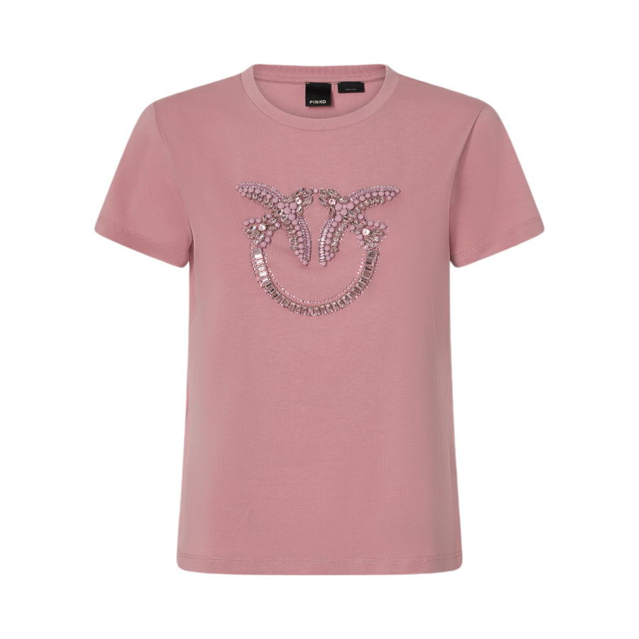 T-shirt donna con ricamo logo Love Birds in cristalli