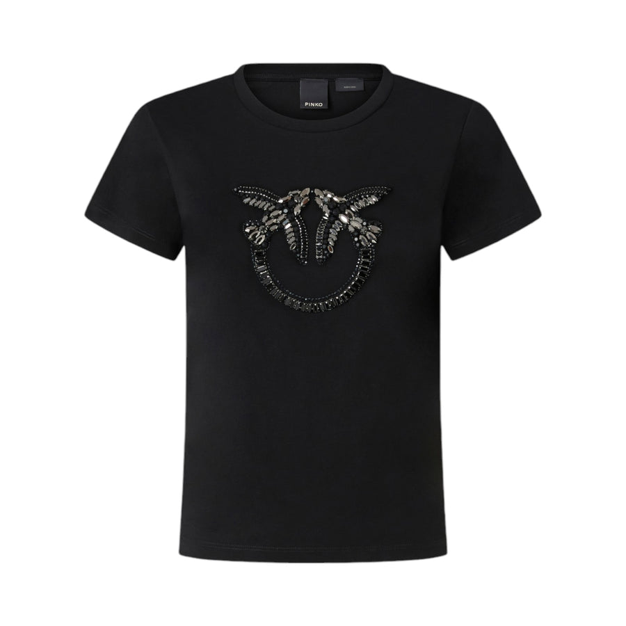 T-shirt donna con ricamo logo Love Birds in cristalli