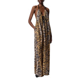 Abito donna lungo con scollo all'americana e stampa animalier