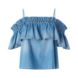 Top donna in denim con volant e spalle scoperte