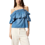 Top donna in denim con volant e spalle scoperte