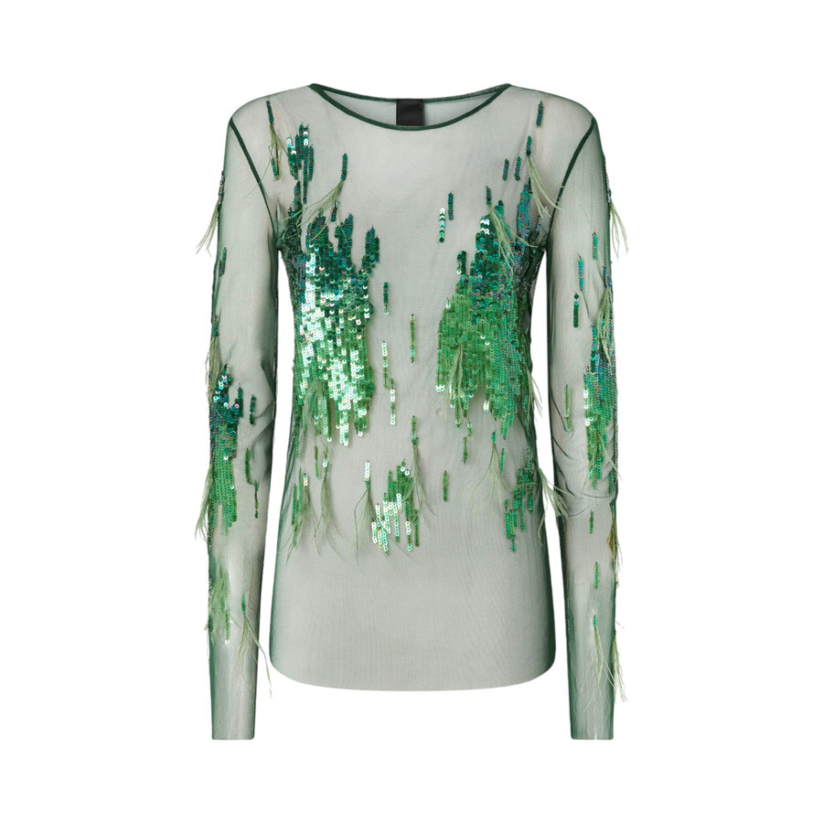 Maglia donna trasparente con paillettes e piume