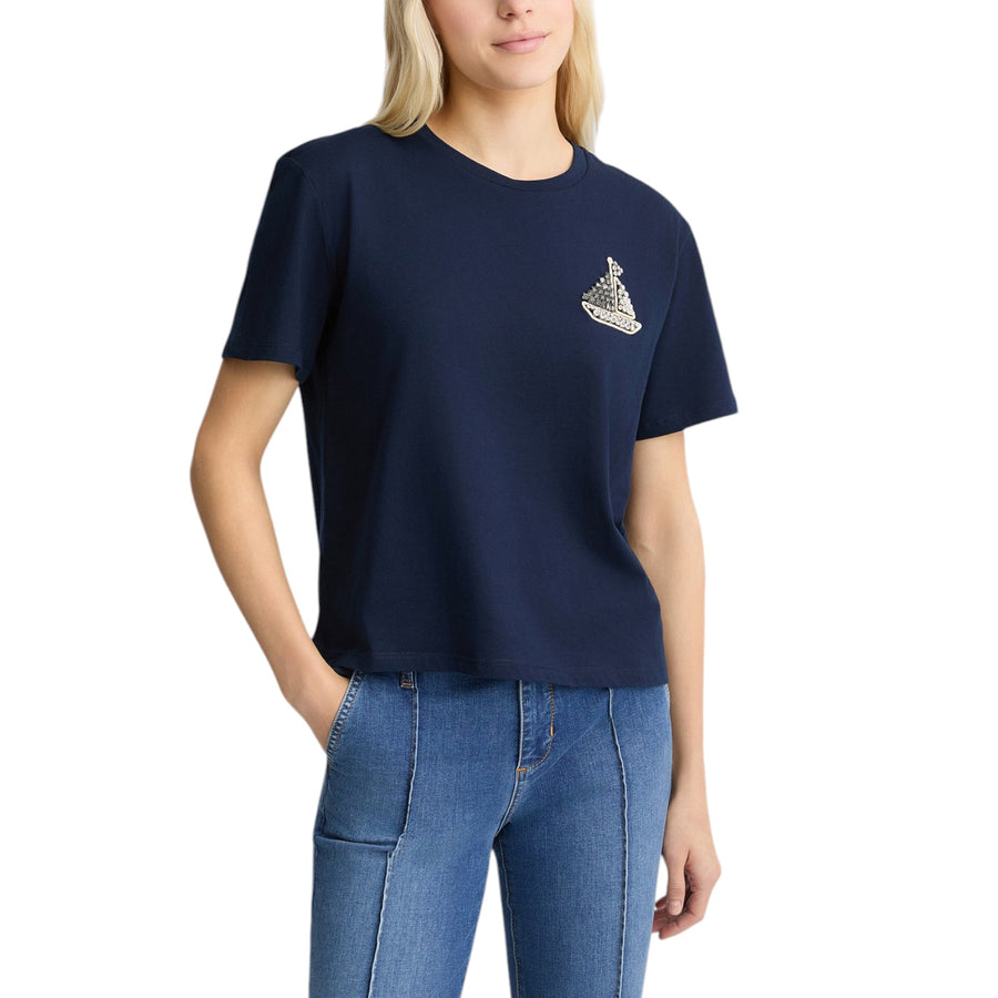 T-shirt donna in cotone con ricamo e strass