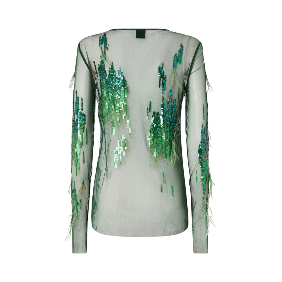 Maglia donna trasparente con paillettes e piume