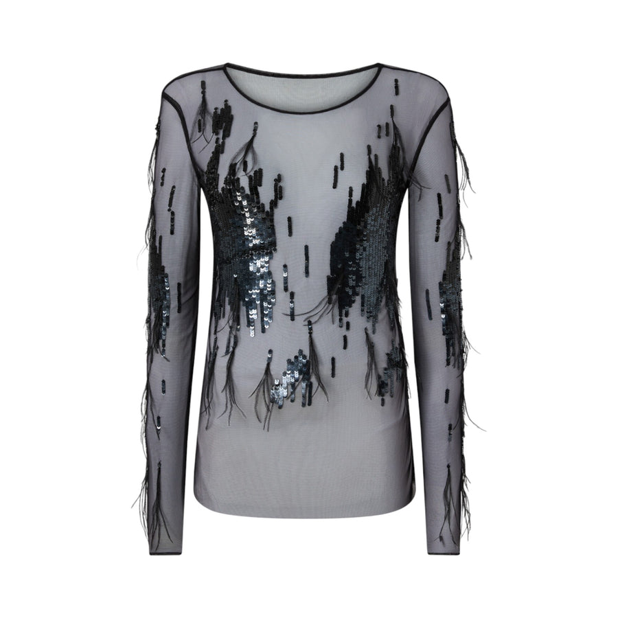 Maglia donna trasparente con paillettes e piume