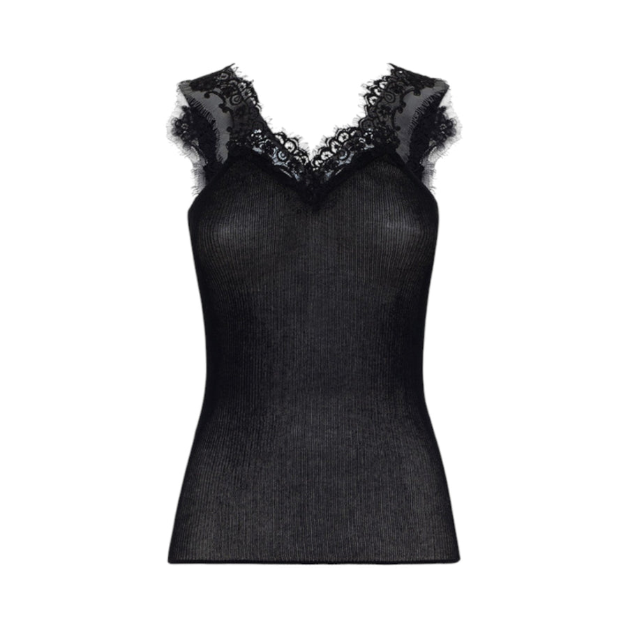 Top donna in cotone a costine con pizzo