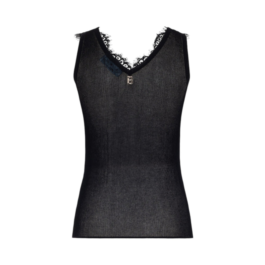 Top donna in cotone a costine con pizzo