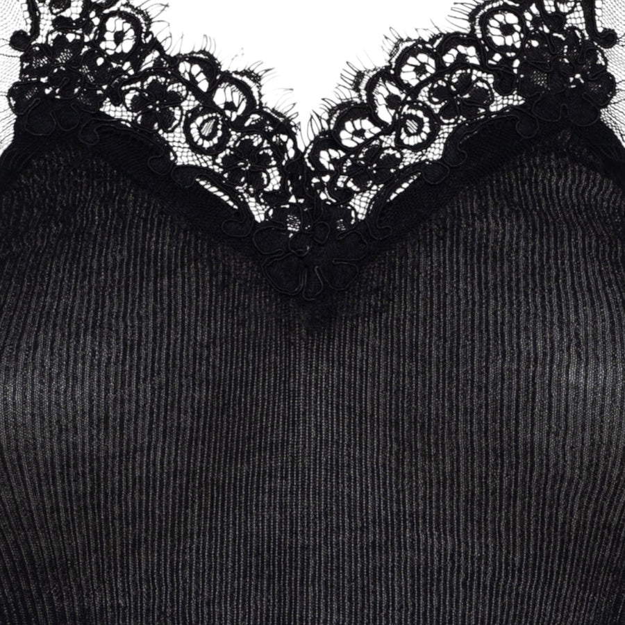Top donna in cotone a costine con pizzo
