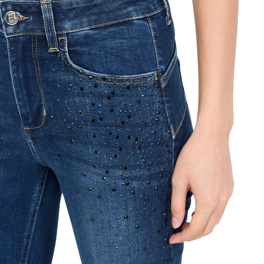 Jeans donna flare cropped con strass