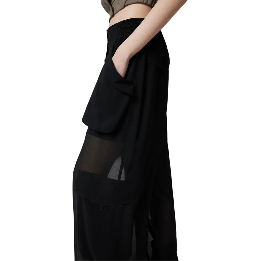 Pantaloni donna cargo in georgette trasparente
