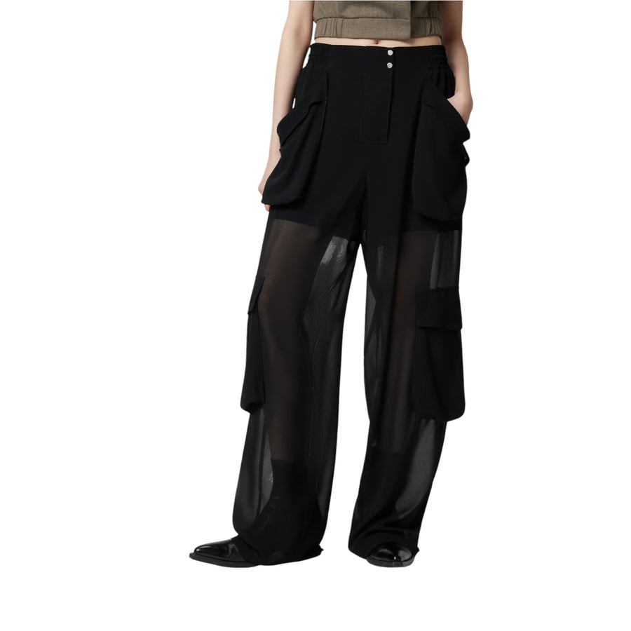 Pantaloni donna cargo in georgette trasparente