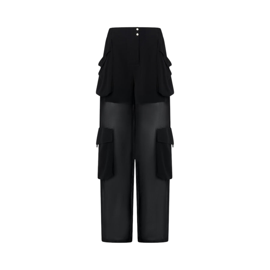 Pantaloni donna cargo in georgette trasparente