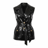 Gillet donna Longline a effetto cuoio con cintura