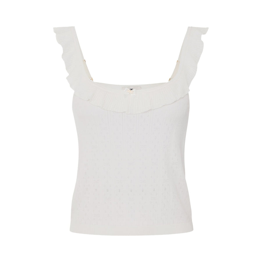 Top donna in maglia con ricami à jour e ruche