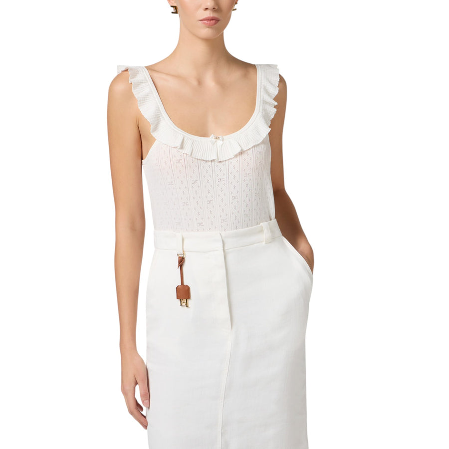Top donna in maglia con ricami à jour e ruche