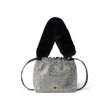 Borsa donna secchiello a spalla full strass con tracolla effetto pelliccia