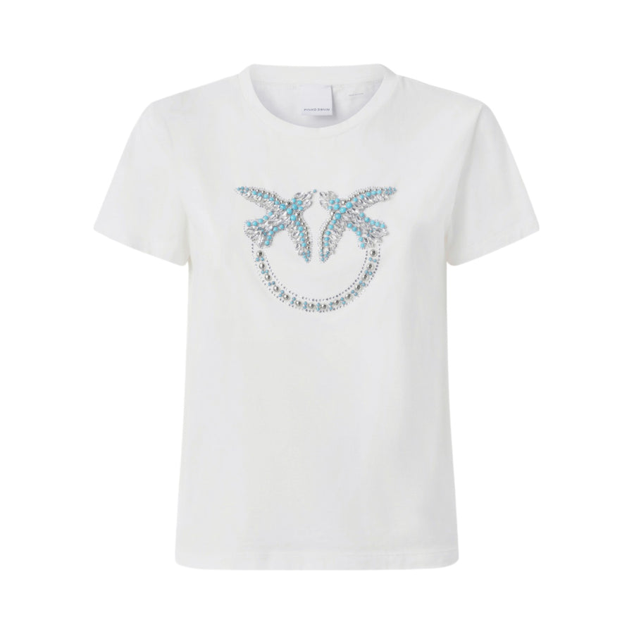 T-shirt donna con ricamo logo Love Birds in cristalli