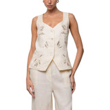 Top donna a gilet con bottoni di lino ricamato