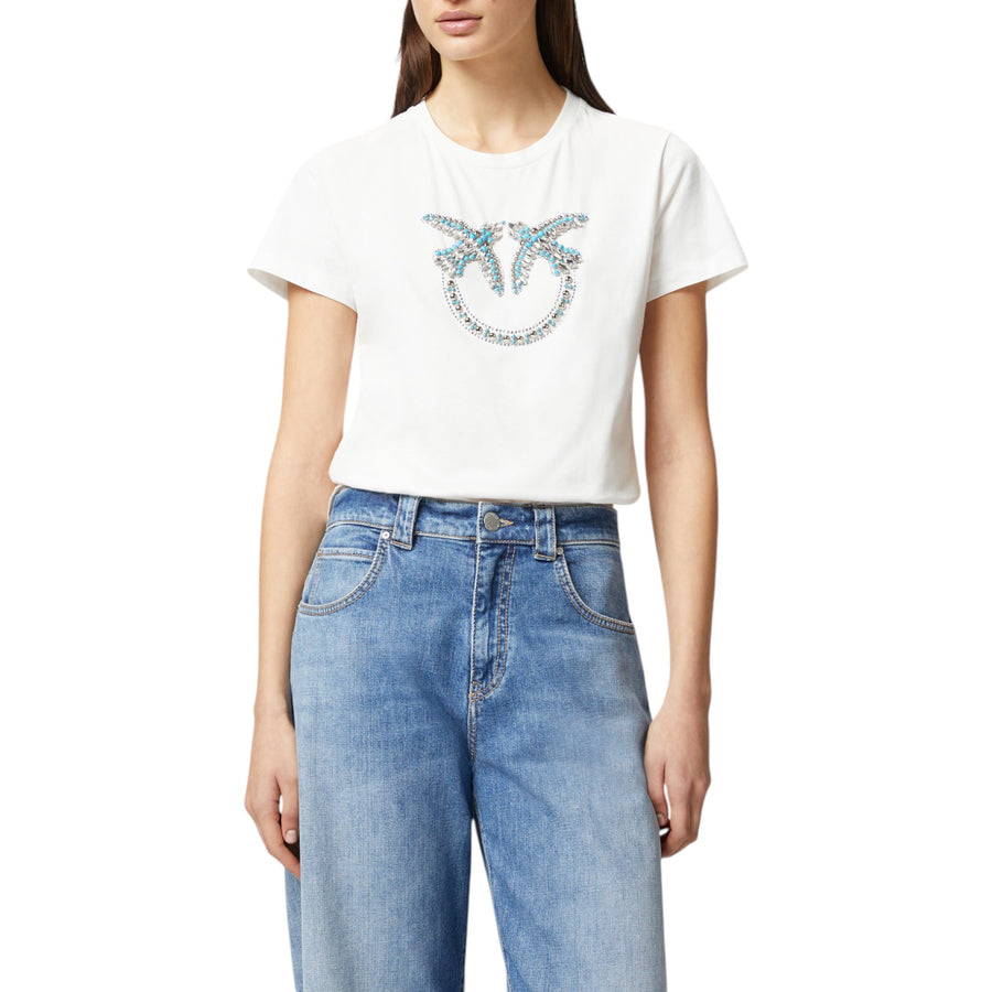 T-shirt donna con ricamo logo Love Birds in cristalli