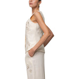 Top donna a gilet con bottoni di lino ricamato
