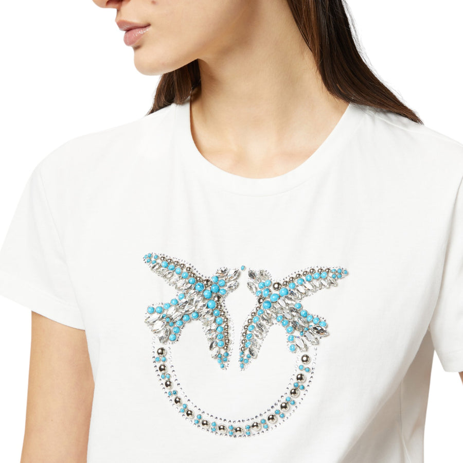 T-shirt donna con ricamo logo Love Birds in cristalli