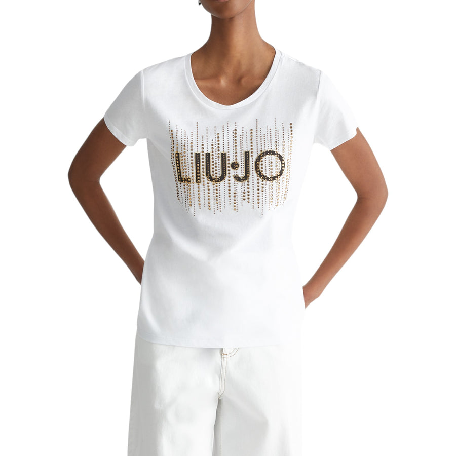 T-shirt donna con logo e strass