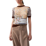 Top donna con inserti in twill stampato