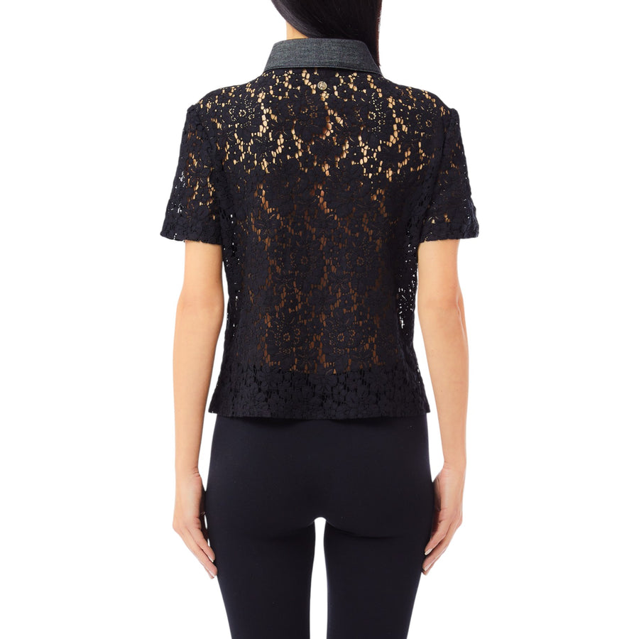 Camicia donna in pizzo con dettagli in denim