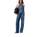Top donna in denim floreale