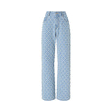 Jeans donna wide leg con disegno rombi e strass