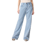 Jeans donna wide leg con disegno rombi e strass