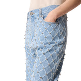 Jeans donna wide leg con disegno rombi e strass